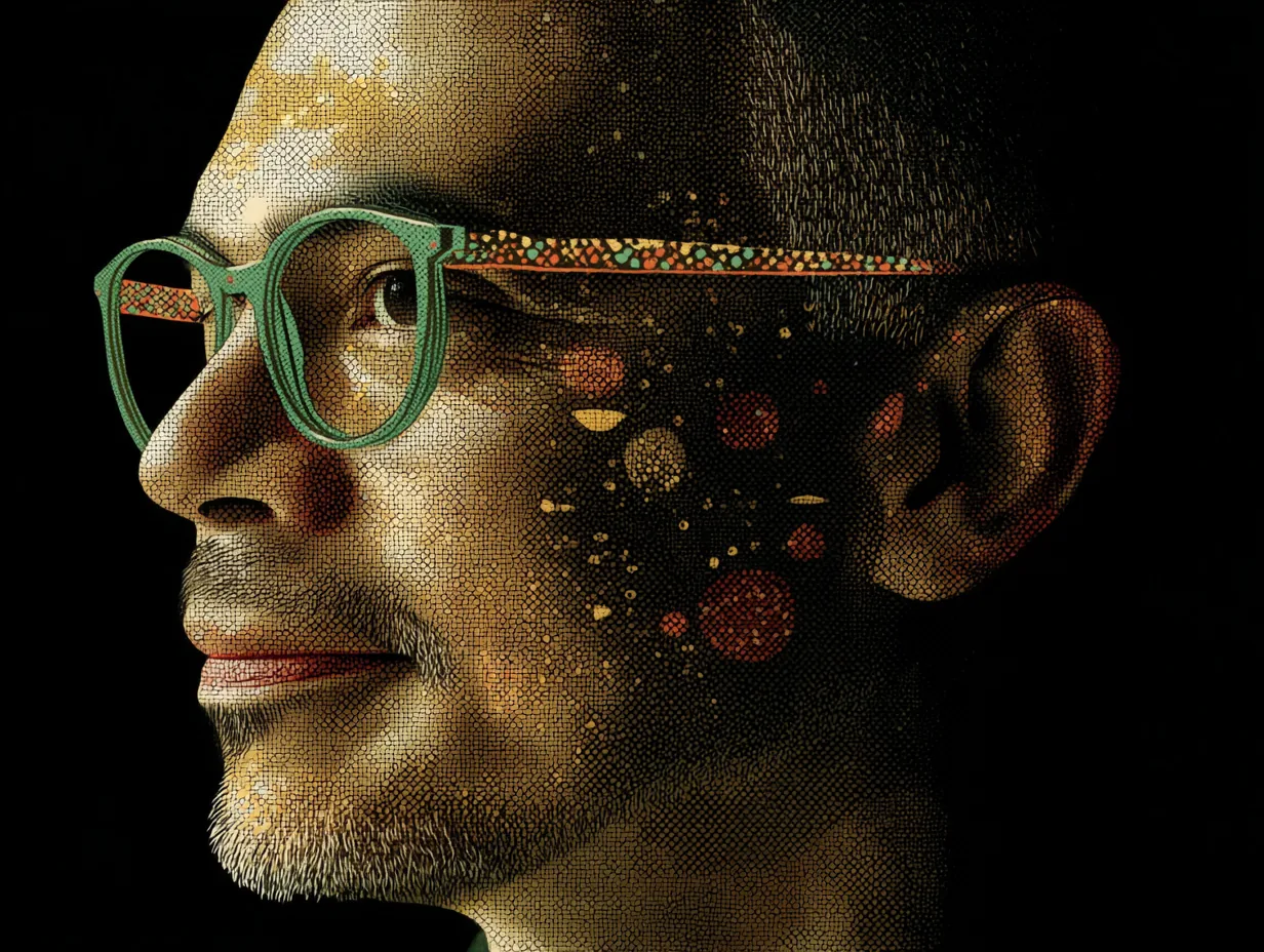 A stylized profile portrait of Demis Hassabis, wearing green glasses, with luminous marks across his face.