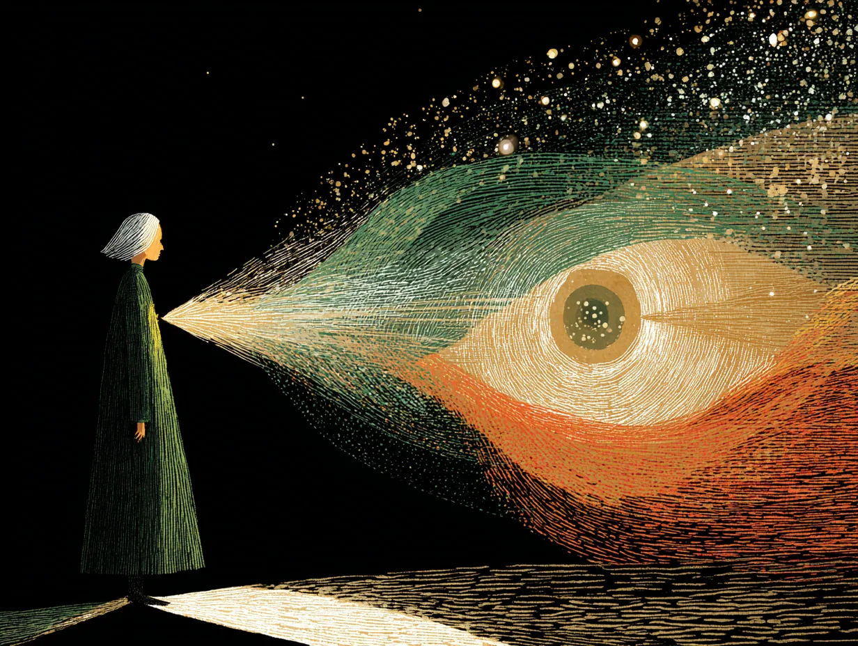 A figure projects a fan of colored light toward a vast, luminous eye.