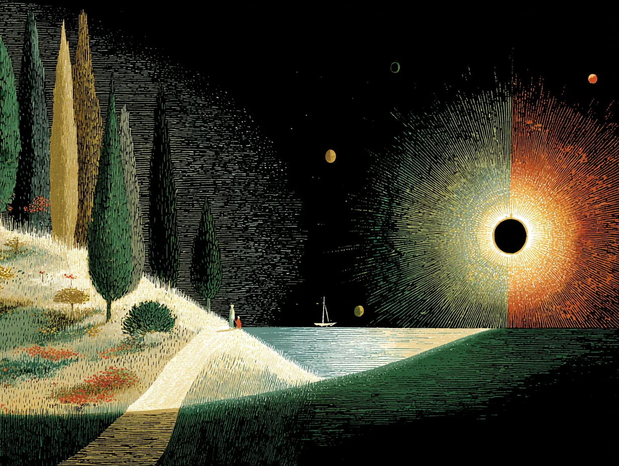 Slender trees and a pale path frame a lake beneath an eclipse-like circle of light.