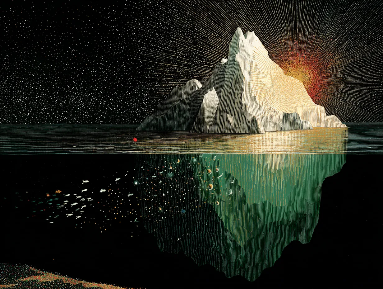 An iceberg rises above still water, with a much larger green mass visible below the surface.