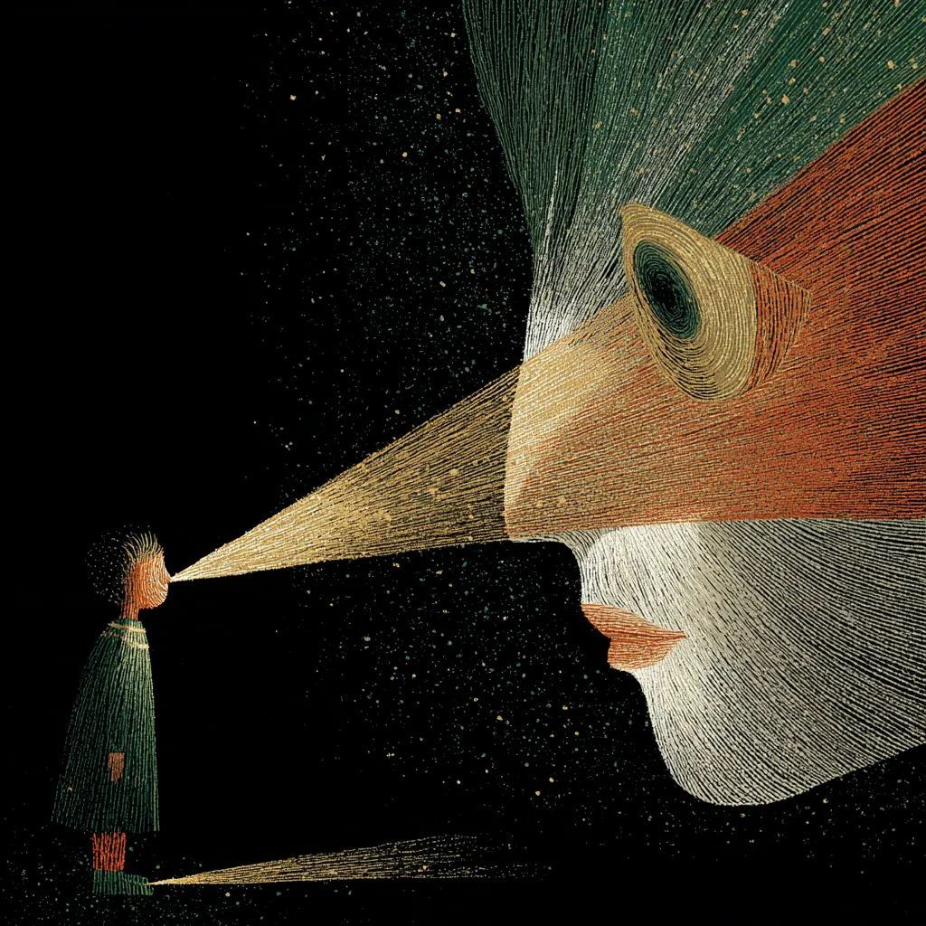 A tiny figure faces a monumental, long-nosed mask in a dark field of radiating color.