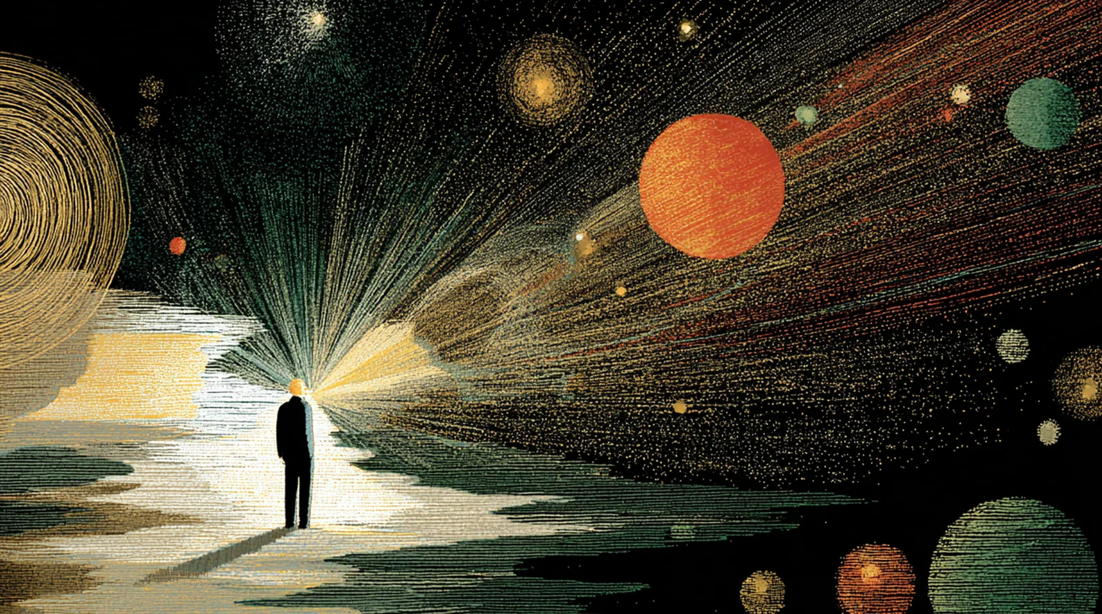 A lone silhouette stands at the source of radiating light beneath suspended, planet-like spheres.