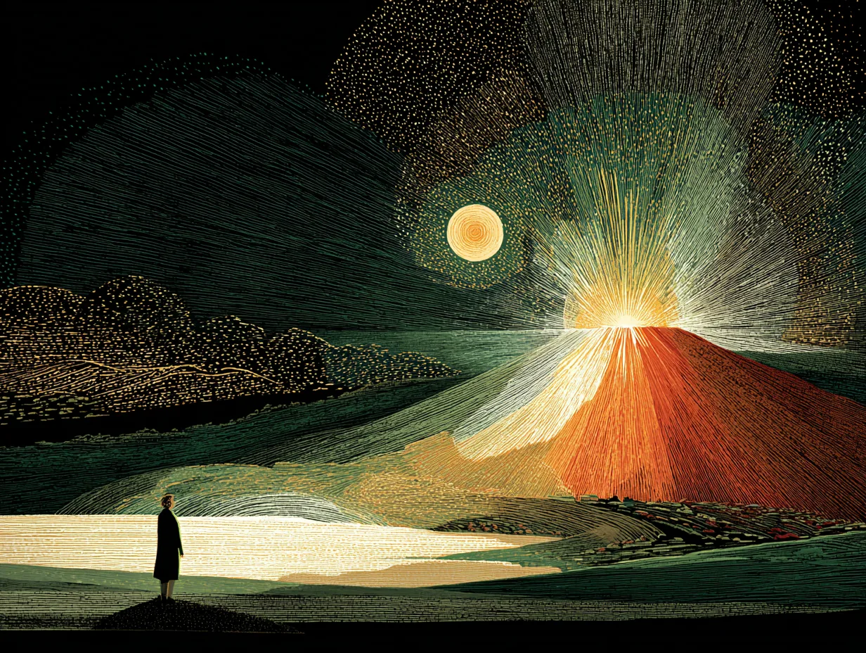 A small figure watches a radiant red mountain or volcano beneath a green, star-filled sky.
