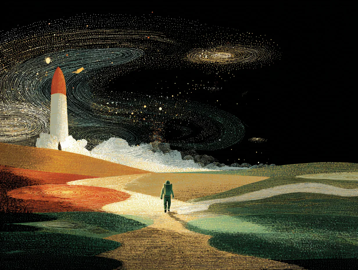 A lone traveler stands in a wide, colored landscape as a rocket lifts toward the stars.