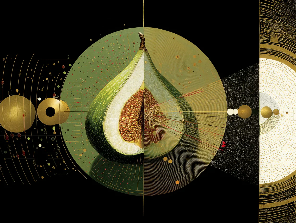 A sliced fig sits at the center of a circular construction of fine lines and golden spheres.