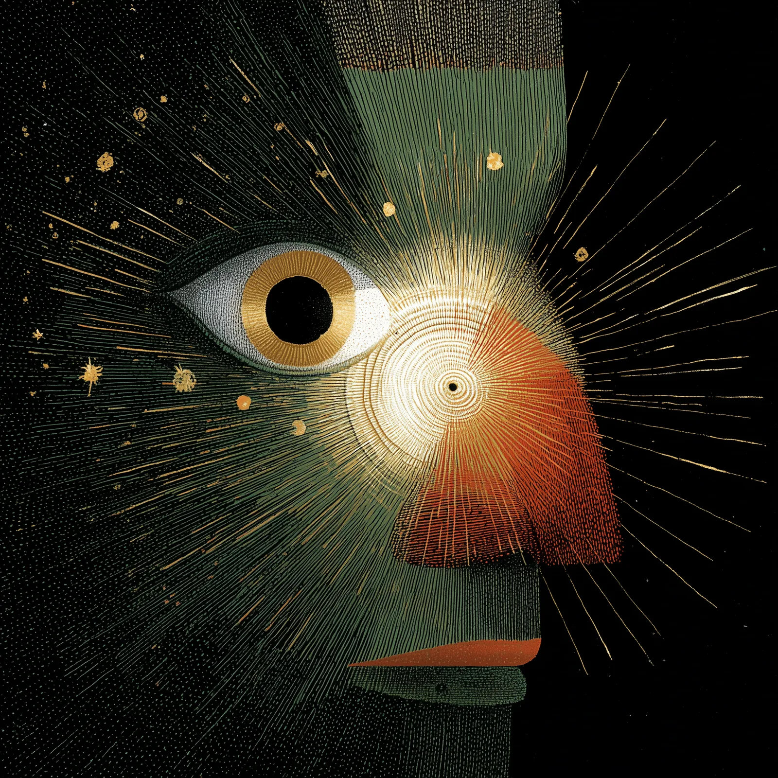 An angular, mask-like face with a large eye and long red nose glows against a dark ground.